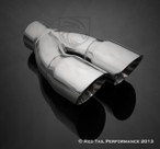 Exhaust Muffler Tip Dual Round Staggered Forward Slash Cut Rolled Edge 2.5" Inlet / ID, 3" Outlet / OD, 9.5" Length. 6.25" Outer Width #RTP-037L