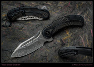 Todd Begg Knives Steelcraft Series Field Marshall FM214 Folding Knife, 4" Grosserosen Damascus Blade, Black Handle