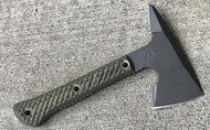 REFERENCE ONLY - RMJ Tactical Mini Jenny Tomahawk, 2.687" Forward Edge 80CRV2, Dirty Olive Handle, Sheath
