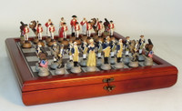 Amer. Revolutionary War Resin Chess Set, Cherry Stained Chest Bronze/Silver Chess Board chess pieces-set