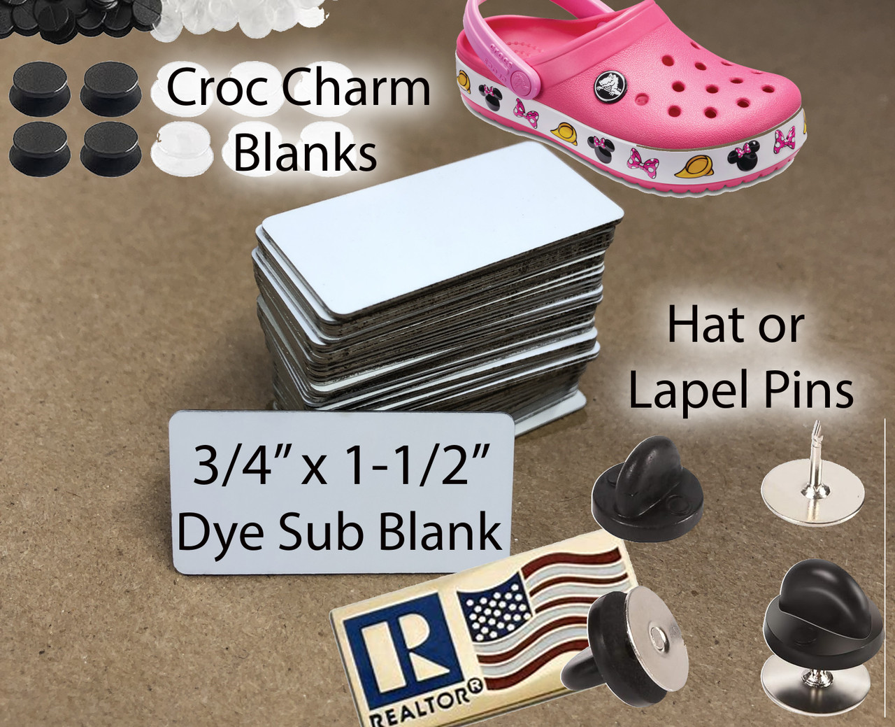 Hat Pin, Lapel Pin or Croc Charm Sublimation Blanks 3/4 x 1-1/2 $0.35ea,  Lot of 100