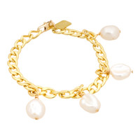 Chain adjustable bracelet with pearly drops. Handmade with 14KT gold filled elements & Baroque fresh water pearls.

6mm wide chain, approximately 7.5 inches long.