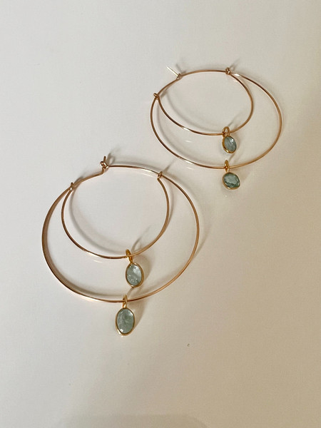 Delicate & modern double hooped earrings and blue Topaz pendants. Light weight hand crafted earrings in 14kt gold filled and semiprecious blue Topaz. 45mm in diameter, approximately 55mm long.