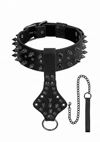 OUCH! SKULLS & BONES NECK CHAIN W/ SPIKES AND LEASH BLACK