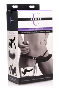 STRAP U POWER PEGGER SILICONE VIBRATING DOUBLE PLEASURE DILDO WITH HARNESS BLACK | XRAF475 | [category_name]