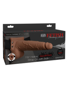 FETISH FANTASY 7.5 IN HOLLOW SQUIRTING STRAP-ON W/ BALLS TAN