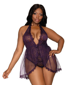 HALTER PLUNGE FRONT STRETCH LACE TEDDY EGGPLANT Q/S 