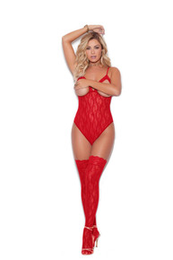 CUPLESS STRETCH LACE TEDDY W/ THIGH HI'S RED O/S 