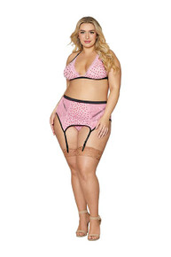 FLOCKED HEART STRETCH LACE 3PC SET CANDY PINK Q/S 