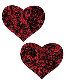 PASTEASE RED GLITTER HEART W/ BLACK LACE OVERLAY 