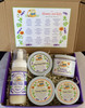 A Great Baby Shower gift for the Mother to be.  Contains:  Tummy Butter 4 oz. , Baby Bottom Salve, 2 oz. Nipple Salve, 2 oz.  Foaming Lavender Baby Wash, 4 oz.  and Perineum Relief Pads.

Displayed in a beautiful purple box.  The herbs used in the products are explained on a chart in the inside of the box.  

 