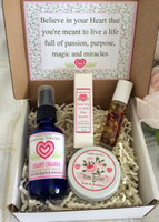 A lovely gift set with the luxurious Rose Essential Oil products.  Heart Chakra Spray to help ground you when times are tough 2 oz.  Rose Roll on with Rose Essential Oil and Rose Quartz in Fractionated Coconut oil, .33 oz.  Use as a scent and put on your wrists and pulse points when you are feeling down or uneasy. The 2 oz. Whipped Shea butter with Rosehip seed oil and Rose Essential oil is wonderful for dry hands and face.  
