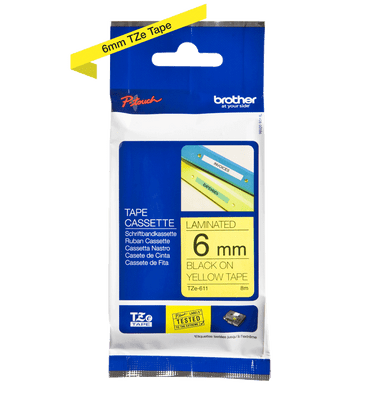 Brother P-Touch Tape Cassette Laminated 6mm Black on Yellow Tape