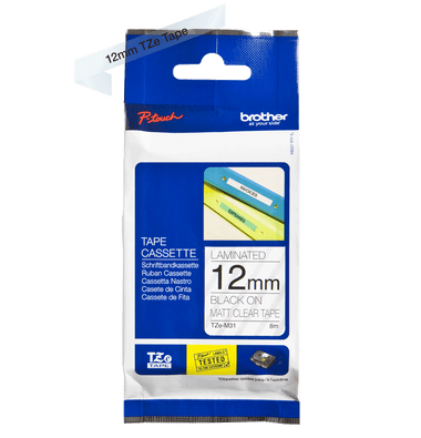 Brother P-Touch Tape Cassette Laminated 12mm Black on Matte Clear Tape