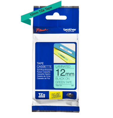 Brother P-Touch Tape Cassette Laminated 12mm Black on Green Tape