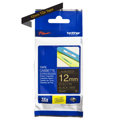 Brother P-Touch Tape Cassette Laminated 12mm Gold on Black Tape