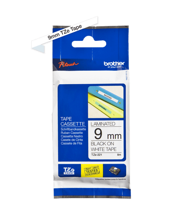 Brother P-Touch Tape Cassette Laminated 9mm Black on White Tape