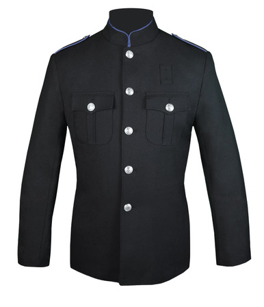 Black High Collar Coat with Columbia Blue Trim