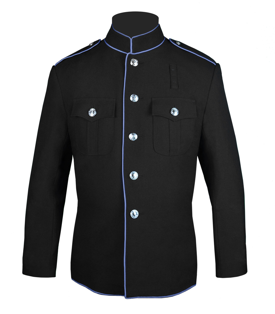 High Collar Police Honor Guard Jacket w/ Full Trim (Black/Columbia Blue)  Plain Sleeve