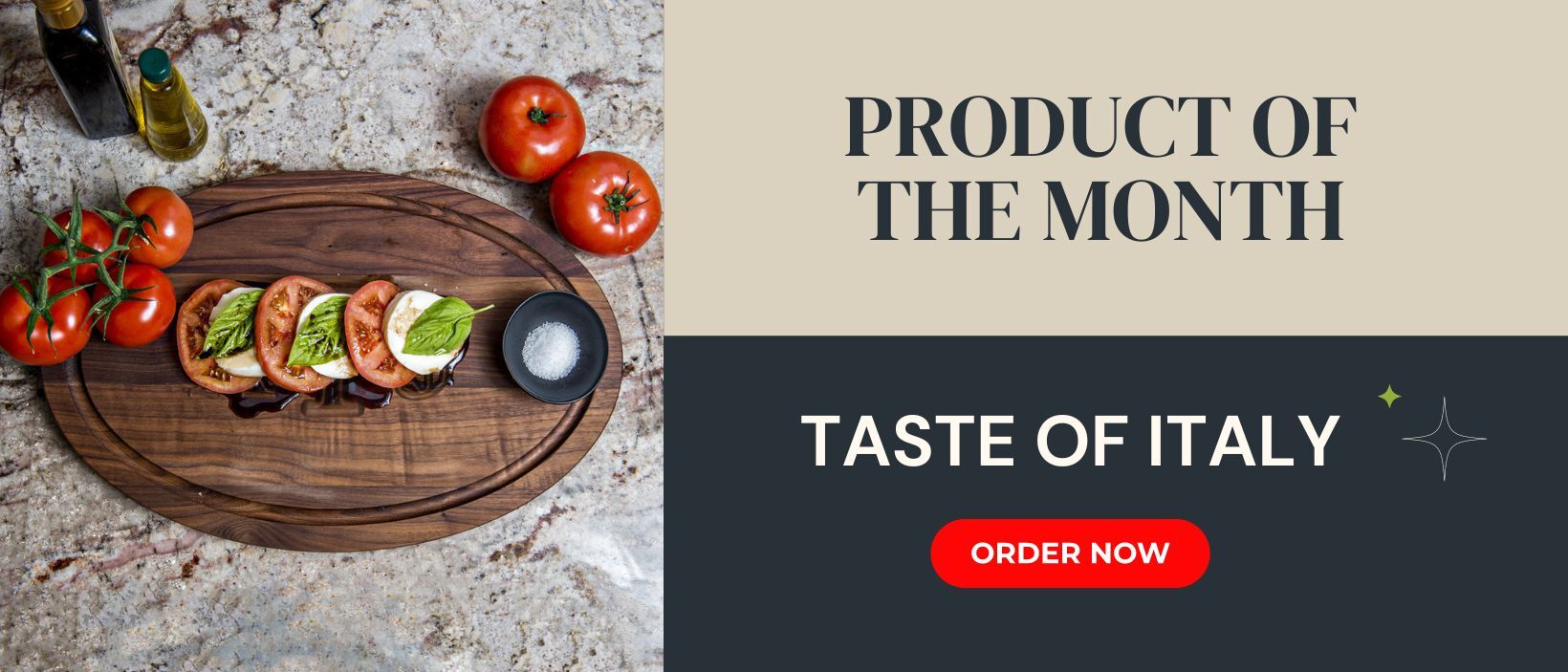 walnut serving board with vine tomatores, basil, salt and some good quality olive oil