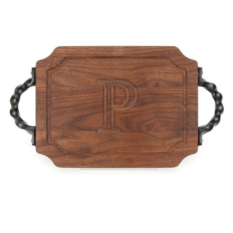 Carved Initial 9" x 12" Scalloped Walnut Cutting Board w/Twisted Handles and Engraved Students Signatures
