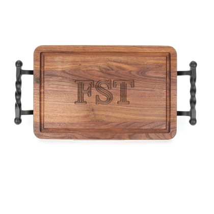 Carved Monogram 10 1/2" x 16" Rectangle Walnut Cutting Board w/Twisted Ball Handles and Laser Engraved Signatures