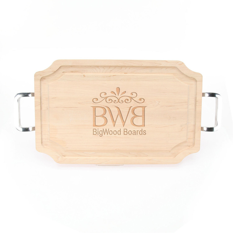 Logo Engraved 15" x 24" Scalloped Maple Cutting Board w/Polished Handles and Laser Engraved Signatures