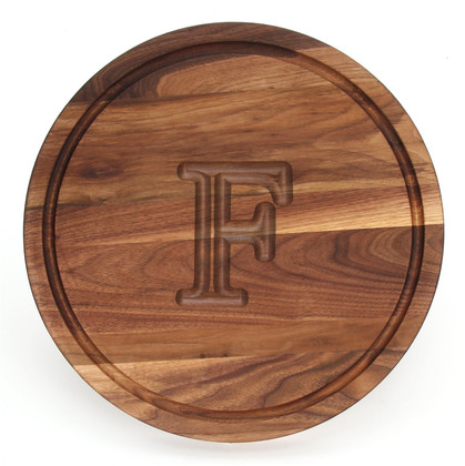 10 1/2 Inch Round Walnut Cutting Board - Carved Initial