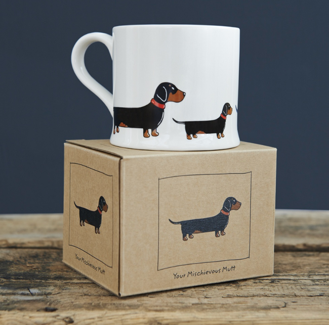 Generous Mug with Dog design. H.2 3/4" x  D 3.5"  8oz 
Comes in it's very own box. Made in UK. 
