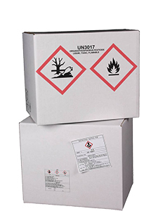 Two white boxes with warning signs printed by a high resolution industrial printer