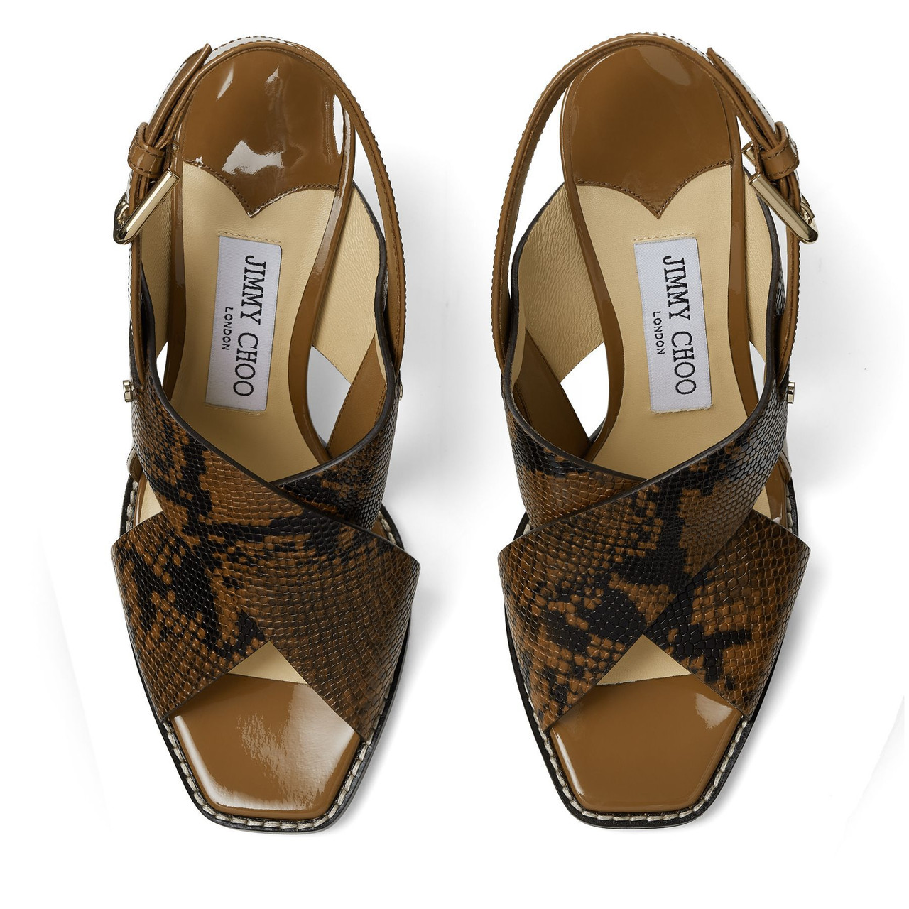 Jimmy Choo Aix 85 Snake Printed Leather Sandal in Cuoio