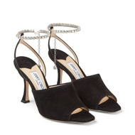 Jimmy Choo Sae 90 Suede Sandals with Crystal Chain Embellishment in Black