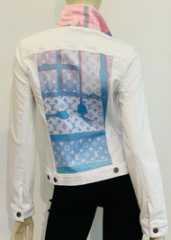 Designer Embellished Denim Jacket - White with Pastel, X-Small