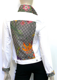 Designer Embellished Denim Jacket - White with Floral, X-Small