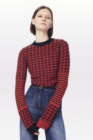 Victoria Beckham Textured Houndstooth Crewneck Sweater in Red/Navy, Size Medium