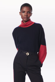 Victoria Beckham Contrast Detail Polo Neck Jumper in Navy/Bright Red, Size Large