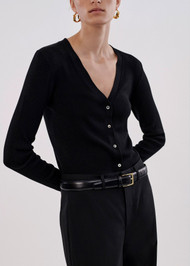 CO Ribbed Cardigan in Silk Knit in Black, Size Small