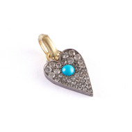 Sylva & Cie. 18K Yellow Gold and Sterling Silver Small Grey Diamond Heart Pendant with Turquoise 