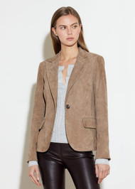 Susan Bender Constructed Stretch Suede Blazer in Taupe, Size 8