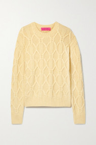 The Elder Statesman Chunky Cable Crewneck Sweater in Pale Yellow, Size Small