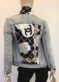 Designer Embellished Denim Jacket - Black/White Floral