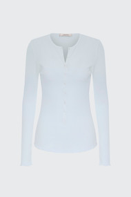 Dorothee Schumacher Soft Rib Long Sleeve Shirt in Silver Blue, Size 3