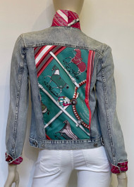 Designer Embellished Denim Jacket - Green/Pink Horse Show, Small