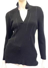 Fabiana Filippi Ribbed Knit Embellished Long Sleeve Polo in Black