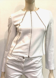 Susan Bender Contrasting Stich Denim Cardigan Jacket in Cream, Size 4