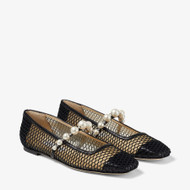 Jimmy Choo Ade Fishnet Mesh and Nappa Leather Flats with Pearl Embellishment in Black