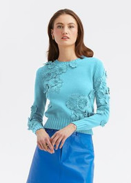 Oscar de la Renta Knit and Embroidered Cotton Floral Sweater in Sky Blue
