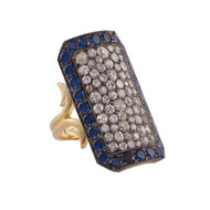 Sylva & Cie. 18K Yellow Gold and Sterling Silver Oxidized Blue Sapphire and Old Euro Ten Table Ring