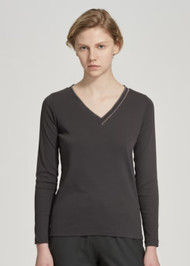 Fabiana Filippi Long Sleeve V-Neck Jersey T-Shirt in Stone
