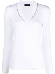 Fabiana Filippi Long Sleeve Deep V-Neck Jersey T-Shirt in White, Size 42